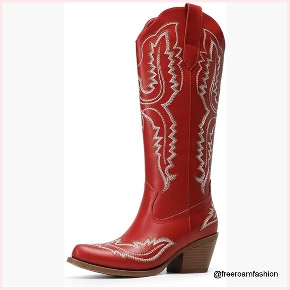 Shoes - Women's Knee High Western Cowboy Boots Embroidered Square Toe Side Zipper